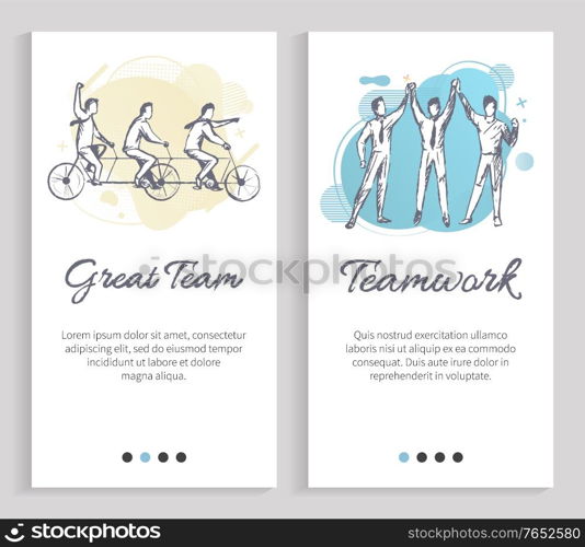 Teamwork vector, people holding hands and giving high-five to coworkers, great team spending time together and getting to know colleagues. Website or slider app, landing page flat style. Great Team and Teamwork, United People on Bikes