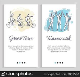 Teamwork vector, people holding hands and giving high-five to coworkers, great team spending time together and getting to know colleagues. Website or slider app, landing page flat style. Great Team and Teamwork, United People on Bikes