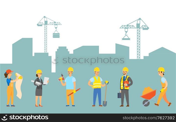 Teamwork vector, people on construction flat style characters with instruments and tasks, plan supervising, lady with scheme, man with carriage sand. Workers on Construction of Building, Smart Team