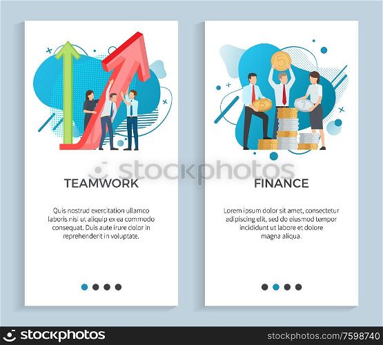 Teamwork vector, people with infocharts and graphs explanation, finance and analytics investors with money gold dollar coins and financial assets. Website or app slider, landing page flat style. Teamwork and Finance, People at Work with Charts