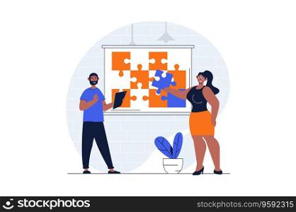 Teamwork web concept with character scene. Man and woman collecting puzzles and working together at project. People situation in flat design. Vector illustration for social media marketing material.