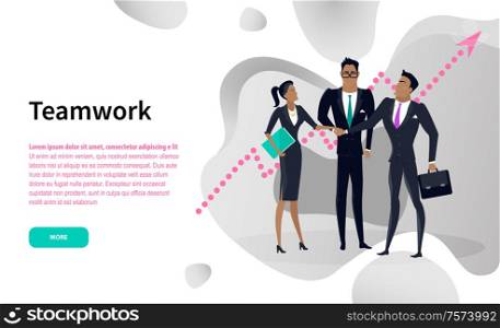 Teamwork web page, businessman and businesswoman, graphic of growth vector. Office workers in suits with briefcase and folder of documents, cooperation. Cooperation or Teamwork Online Internet Website