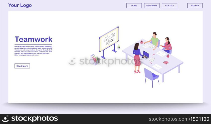 Teamwork webpage vector template with isometric illustration. Corporate meeting. Marketing research, analytics. Annual report. Coworking. Website interface design. Webpage, mobile app 3d concept. Teamwork webpage vector template with isometric illustration