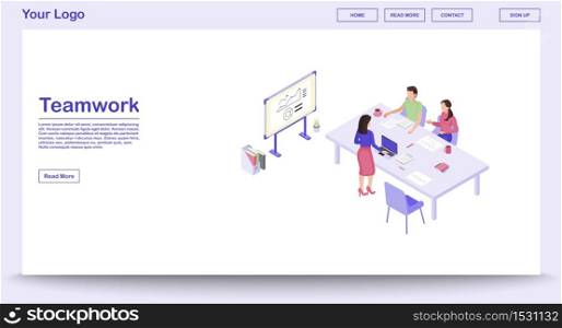 Teamwork webpage vector template with isometric illustration. Corporate meeting. Marketing research, analytics. Annual report. Coworking. Website interface design. Webpage, mobile app 3d concept. Teamwork webpage vector template with isometric illustration