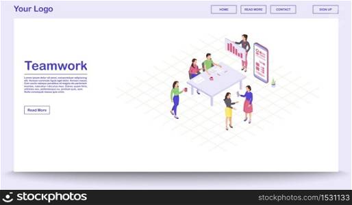 Teamwork webpage vector template with isometric illustration. Corporate meeting. Marketing research. Business presentation. Coworking. Website interface design. Webpage, mobile app 3d concept. Teamwork webpage vector template with isometric illustration