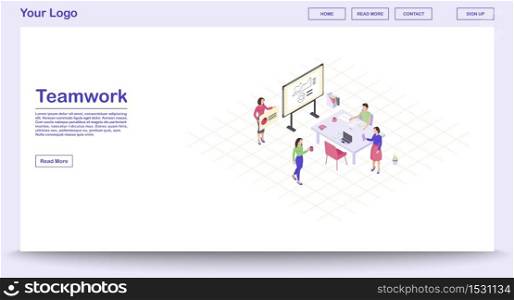 Teamwork webpage vector template with isometric illustration. Corporate meeting. Marketing research. Strategic planning. Business presentation. Website interface design. Webpage, mobile app 3d concept. Teamwork webpage vector template with isometric illustration