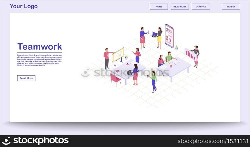 Teamwork webpage vector template with isometric illustration. Coworking. Project management. Business presentation. Marketing research. Website interface design. Webpage, mobile app 3d concept. Teamwork webpage vector template with isometric illustration