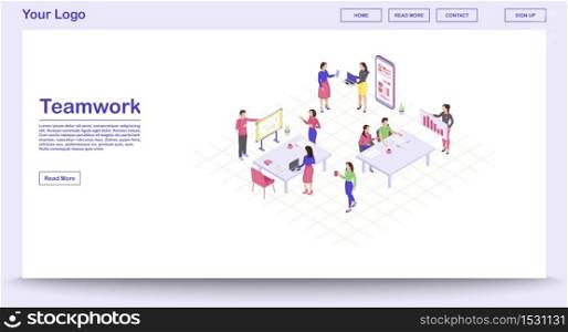 Teamwork webpage vector template with isometric illustration. Coworking. Project management. Business presentation. Marketing research. Website interface design. Webpage, mobile app 3d concept. Teamwork webpage vector template with isometric illustration