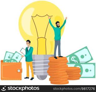 Teamwork with business creative plan. Colleagues work with idea of new project, planning startup. People rejoice at financial investment success, earnings, money. Light bulb as symbol of creative idea. People rejoice at financial investment success, money. Colleagues work with idea of new project