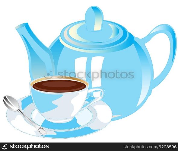 Teapot and cup with tea. Porcelain teapot and cup with tea on white background is insulated