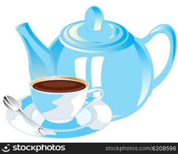 Teapot and cup with tea. Porcelain teapot and cup with tea on white background is insulated