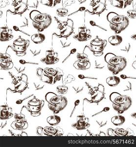 Teapot and cups traditional tea ceremony accessories vintage seamless wrap paper pattern doodle sketch vector illustration