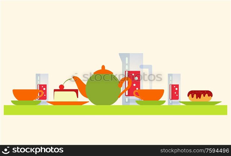 Teapot and cups vector, cake and water soda served on table. Dessert with cherry berry on top, sweet drinks poured in jar and glasses, kettle with tea. Teapot and Cups, Cake Water Soda Served on Table