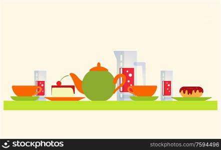 Teapot and cups vector, cake and water soda served on table. Dessert with cherry berry on top, sweet drinks poured in jar and glasses, kettle with tea. Teapot and Cups, Cake Water Soda Served on Table
