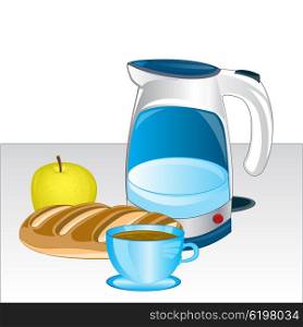 Teapot and products on table. Products and teapot on white background is insulated