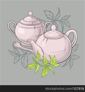 Teapot and sugar bowl. Illustration with teapot and sugar bowl and green tea leaves