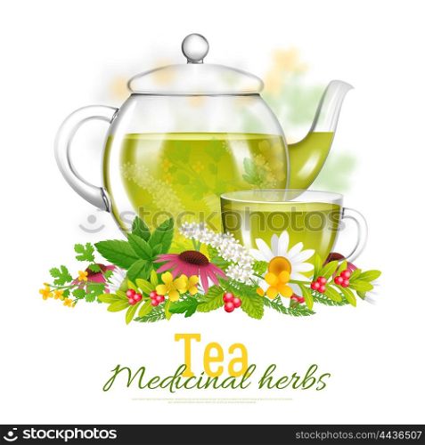 Teapot And Tea Cup Medicinal Herbs Illustration. Glass teapot and teacup surrounded with medicinal herbs and flowers on white background with title isolated vector illustration