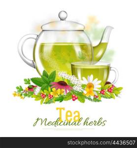 Teapot And Tea Cup Medicinal Herbs Illustration. Glass teapot and teacup surrounded with medicinal herbs and flowers on white background with title isolated vector illustration