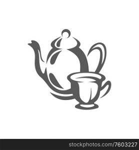 Teapot and teacup outline silhouette isolated. Vector coffee pot and mug, retro dishware. Coffee or tea pot and cup isolated