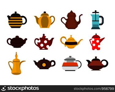 Teapot icon set. Flat set of teapot vector icons for web design isolated on white background. Teapot icon set, flat style