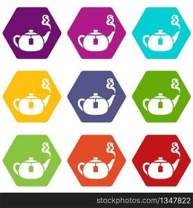 Teapot icons 9 set coloful isolated on white for web. Teapot icons set 9 vector