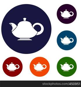 Teapot icons set in flat circle reb, blue and green color for web. Teapot icons set