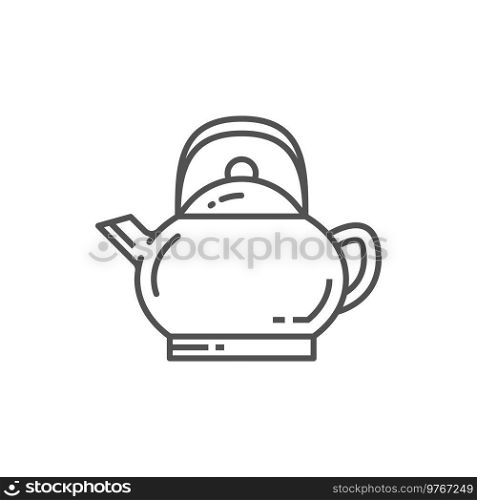 Teapot isolated monochrome line art icon. Vector traditional eastern beverage, pottery and herbal China drink. Chinese Japanese tea ceremony monochrome sign, coffee drink in mug, asian ceylon chai. Chinese tea ceremony hot drink teapot outline icon