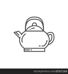 Teapot isolated monochrome line art icon. Vector traditional eastern beverage, pottery and herbal China drink. Chinese Japanese tea ceremony monochrome sign, coffee drink in mug, asian ceylon chai. Chinese tea ceremony hot drink teapot outline icon
