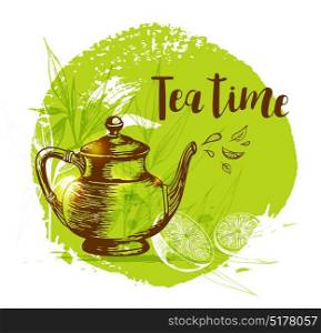 "Teapot, lemon and bamboo branch on a green background in vintage style. Lettering "Tea time""