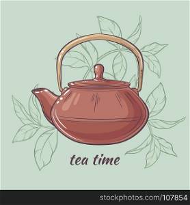 Teapot on color background. Vector Illustration with brown teapot on color background
