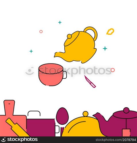 Teapot pours tea in cup filled line vector icon, simple illustration, related bottom border.. Teapot pours tea in cup filled line icon, simple vector illustration