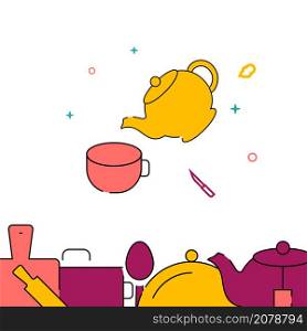 Teapot pours tea in cup filled line vector icon, simple illustration, related bottom border.. Teapot pours tea in cup filled line icon, simple vector illustration