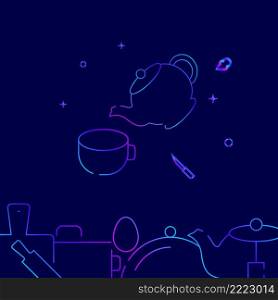 Teapot pours tea in cup gradient line vector icon, simple illustration on a dark blue background, kitchen related bottom border.. Teapot pours tea in cup gradient line icon, vector illustration