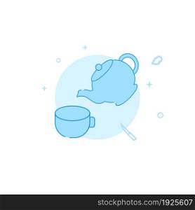 Teapot pours tea in cup vector icon. Kitchen utensil. Flat illustration. Filled line style. Blue monochrome design. Editable stroke. Adjust line weight.. Teapot pours tea in cup flat vector icon. Kitchen utensil. Filled line style. Editable stroke