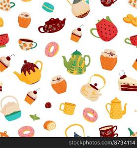 Teapot seamless pattern. Sweets and crockery, mugs teapots and cups. Muffin or cupcake, cute kitchen print texture. Cafe food desserts classy vector background. Illustration of teapot pattern. Teapot seamless pattern. Sweets and crockery, mugs teapots and cups. Muffin or cupcake, cute kitchen print texture. Cafe food desserts classy vector background