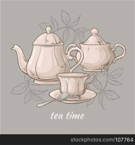 Teapot with cup and sugar bowl . Illustration with cup of tea, teapot and sugar bowl on grey background