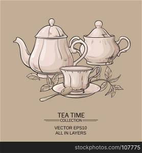Teapot with cup and sugar bowl . Illustration with cup of tea, teapot and sugar bowl on brown background