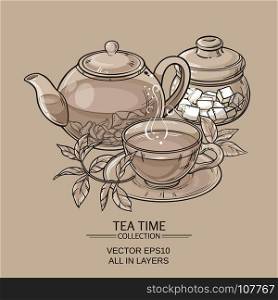 teapot with cup and sugar bowl. Illustration with cup of tea, teapot and sugar bowl on brown background