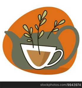 Teapot with cup of warm beverage, isolated badge with glass mug and herbs. Organic and natural drink served at home or restaurant, traditional tasty liquid. Label or emblem, vector in flat style. Herbal organic and natural tea, label or emblem