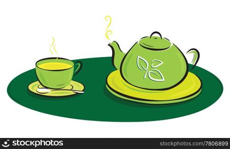 teapot with leaves symbols and cup illustration