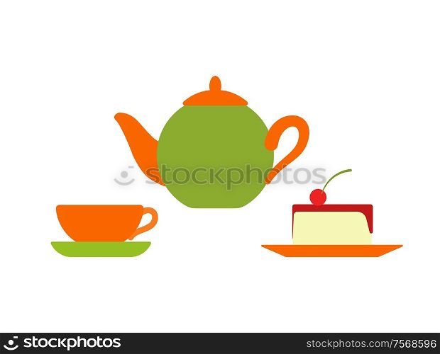 Teapot with mug and plate vector, isolated icon of served cake with cherry berry. Dessert with boiled water, teatime cafe with sweet dishes porcelain. Teapot with Mug and Plate, Served Cake with Cherry