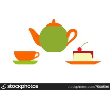 Teapot with mug and plate vector, isolated icon of served cake with cherry berry. Dessert with boiled water, teatime cafe with sweet dishes porcelain. Teapot with Mug and Plate, Served Cake with Cherry