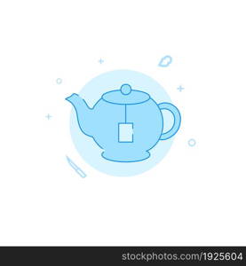Teapot with tea bag vector icon. Kitchen utensil. Flat illustration. Filled line style. Blue monochrome design. Editable stroke. Adjust line weight.. Teapot with tea bag flat vector icon. Kitchen utensil. Filled line style. Editable stroke