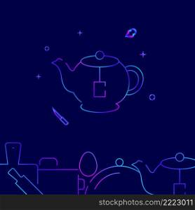 Teapot with teabag gradient line vector icon, simple illustration on a dark blue background, kitchen related bottom border.. Teapot with teabag gradient line icon, vector illustration