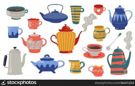 Teapots and cups flat icon set. Cartoon colorful ceramic, porcelain or metal home kitchenware isolated vector illustration collection. Kitchen, cooking and pottery concept