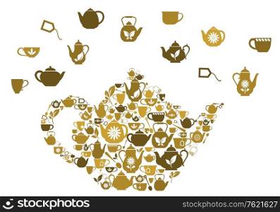 Teapots and cups of tea in big shape for cafe or restaurant design