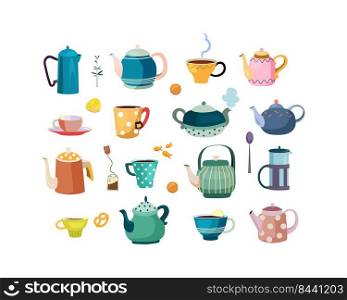 Teapots and cups set. Ceramic dish, crockery, porcelain, spoons, cups and mugs for tea. Vector illustrations for kitchen, drinking tea, beverage concept