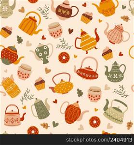 Teapots pattern. Mug cups and stylized teapots cosy recent vector seamless background for textile design projects. Illustration of teapot and drink cup coffee. Teapots pattern. Mug cups and stylized teapots cosy recent vector seamless background for textile design projects