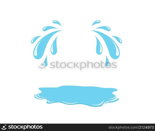 Tear drop with puddle. Sweat droplet with puddle. Cry icon. Cartoon tears. Blue falling raindrop. Water drips isolated on white background. Vector.