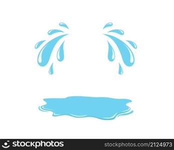 Tear drop with puddle. Sweat droplet with puddle. Cry icon. Cartoon tears. Blue falling raindrop. Water drips isolated on white background. Vector.